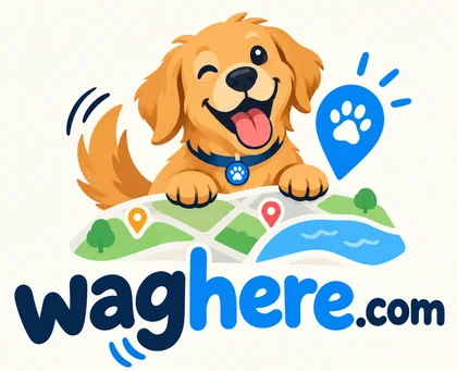 WagHere logo: a winking golden retriever with its paws on a park map next to a blue paw-print map pin